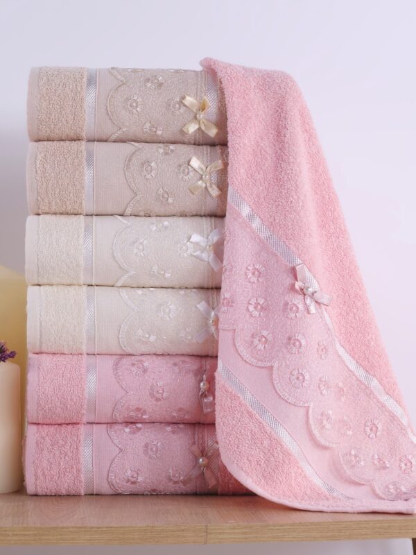 6'lı %100 Pamuk Güpürlü Fiyonklu 50x90cm El&yüz Havlu Seti | Bukle